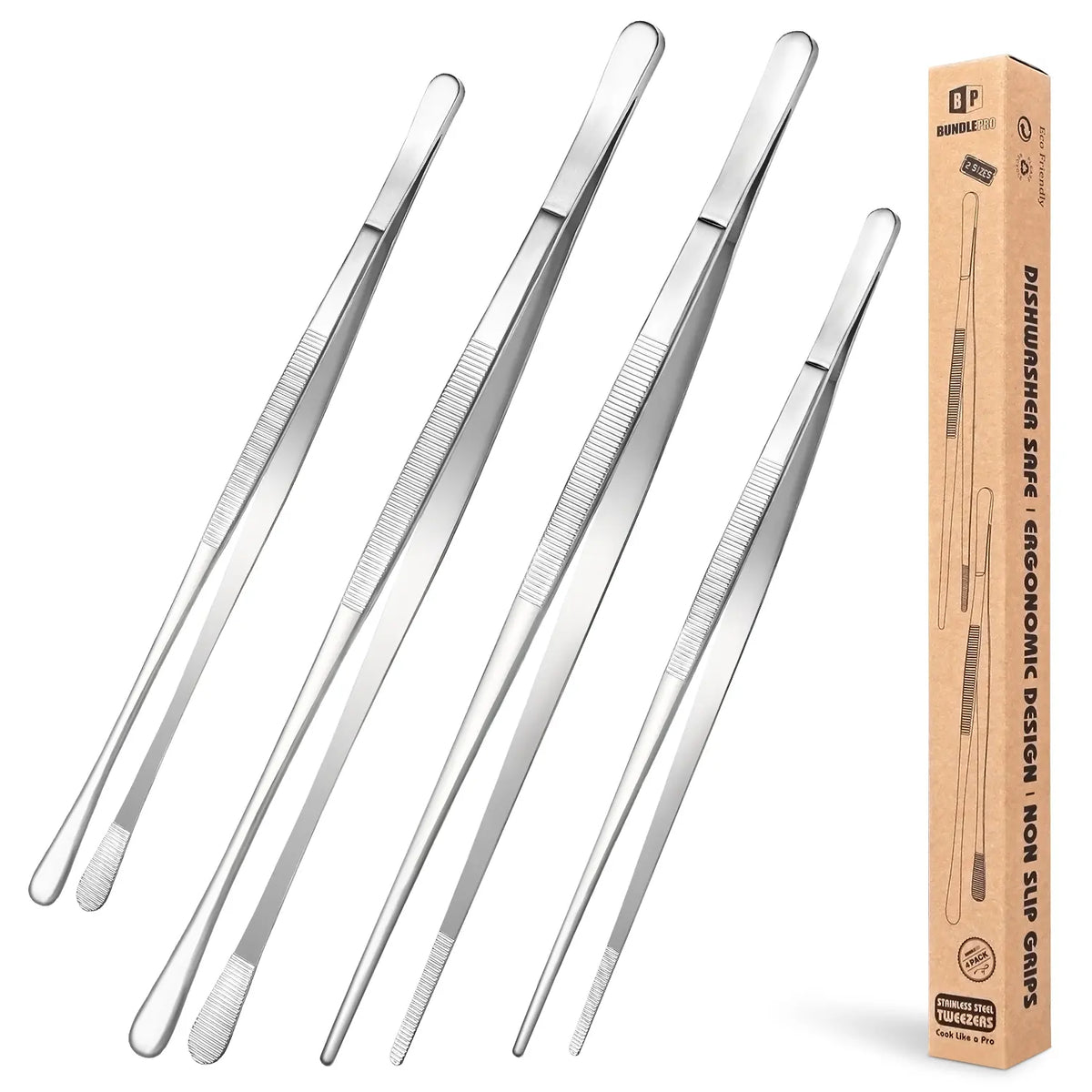 4-Piece Long Tweezer Tongs Set – 12" & 10" Black Stainless Steel Professional Tongs for Kitchen, Cooking, Seafood & BBQ
