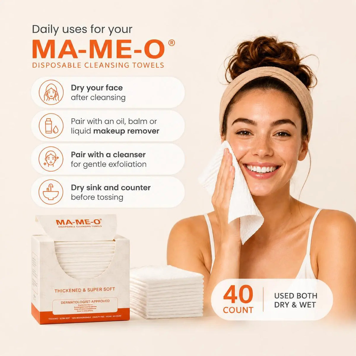 Disposable Face Towels – 4 Boxes, 160 Count XL Size | Ultra Soft Thick Facial Towels for Sensitive Skin, Dry & Wet Use