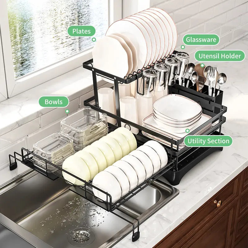 2-Tier Pull-Out Dish Drying Rack – Foldable Over-Sink Carbon Steel Kitchen Organizer with Utensil Holder & Drain Tray