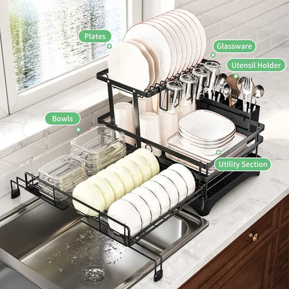 2-Tier Pull-Out Dish Drying Rack – Foldable Over-Sink Carbon Steel Kitchen Organizer with Utensil Holder & Drain Tray