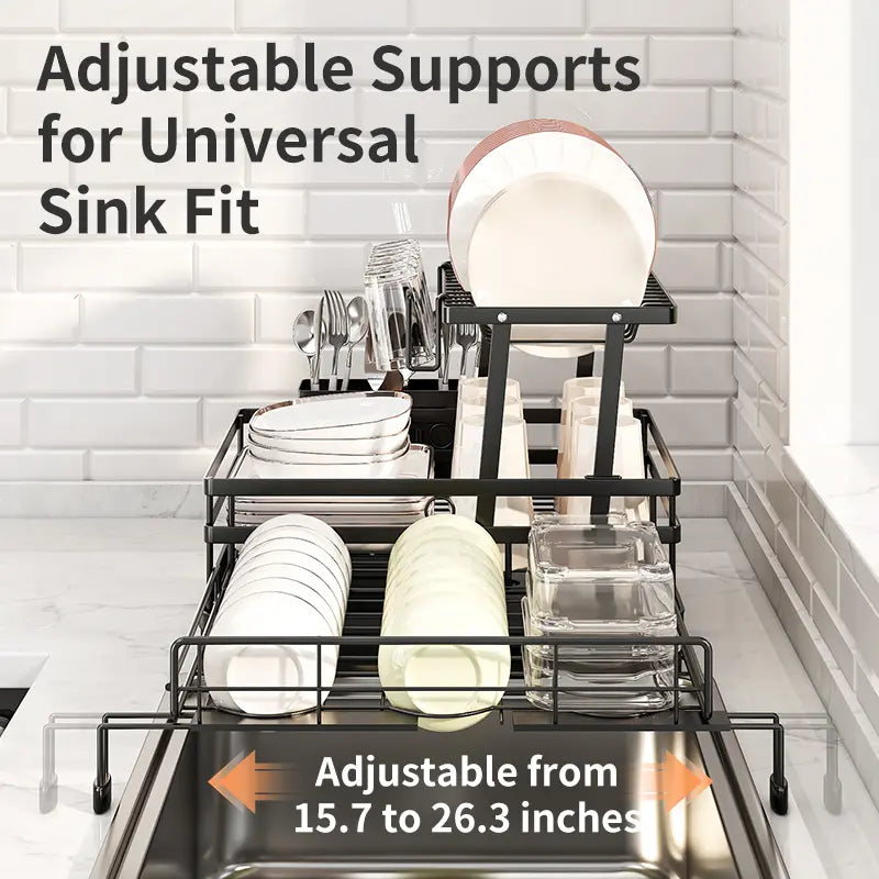 2-Tier Pull-Out Dish Drying Rack – Foldable Over-Sink Carbon Steel Kitchen Organizer with Utensil Holder & Drain Tray