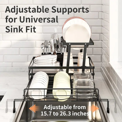 2-Tier Pull-Out Dish Drying Rack – Foldable Over-Sink Carbon Steel Kitchen Organizer with Utensil Holder & Drain Tray