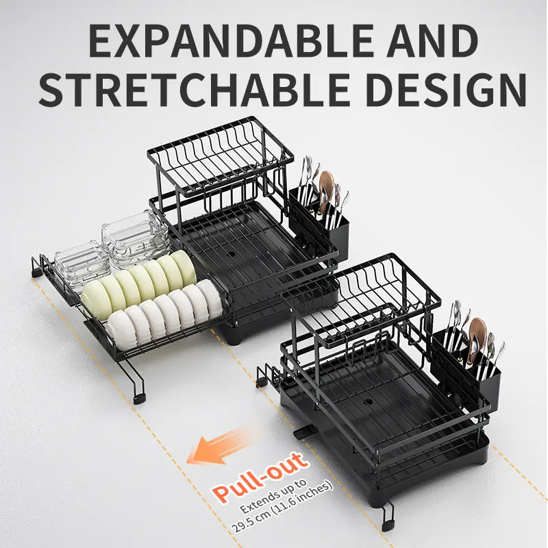 2-Tier Pull-Out Dish Drying Rack – Foldable Over-Sink Carbon Steel Kitchen Organizer with Utensil Holder & Drain Tray
