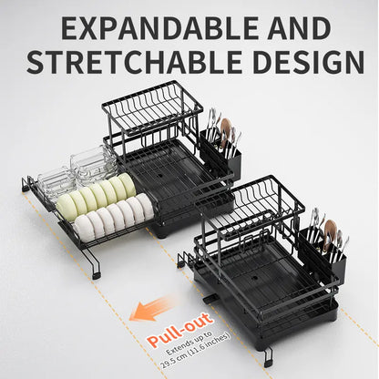 2-Tier Pull-Out Dish Drying Rack – Foldable Over-Sink Carbon Steel Kitchen Organizer with Utensil Holder & Drain Tray
