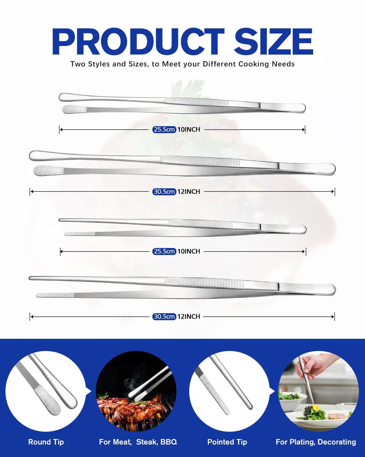 4-Piece Long Tweezer Tongs Set – 12" & 10" Black Stainless Steel Professional Tongs for Kitchen, Cooking, Seafood & BBQ