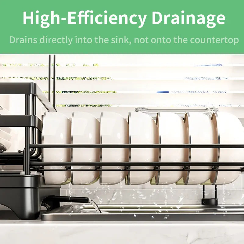 2-Tier Pull-Out Dish Drying Rack – Foldable Over-Sink Carbon Steel Kitchen Organizer with Utensil Holder & Drain Tray