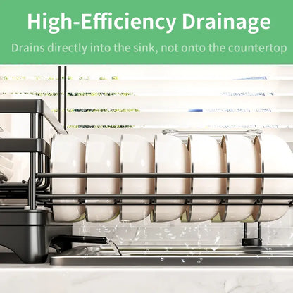2-Tier Pull-Out Dish Drying Rack – Foldable Over-Sink Carbon Steel Kitchen Organizer with Utensil Holder & Drain Tray