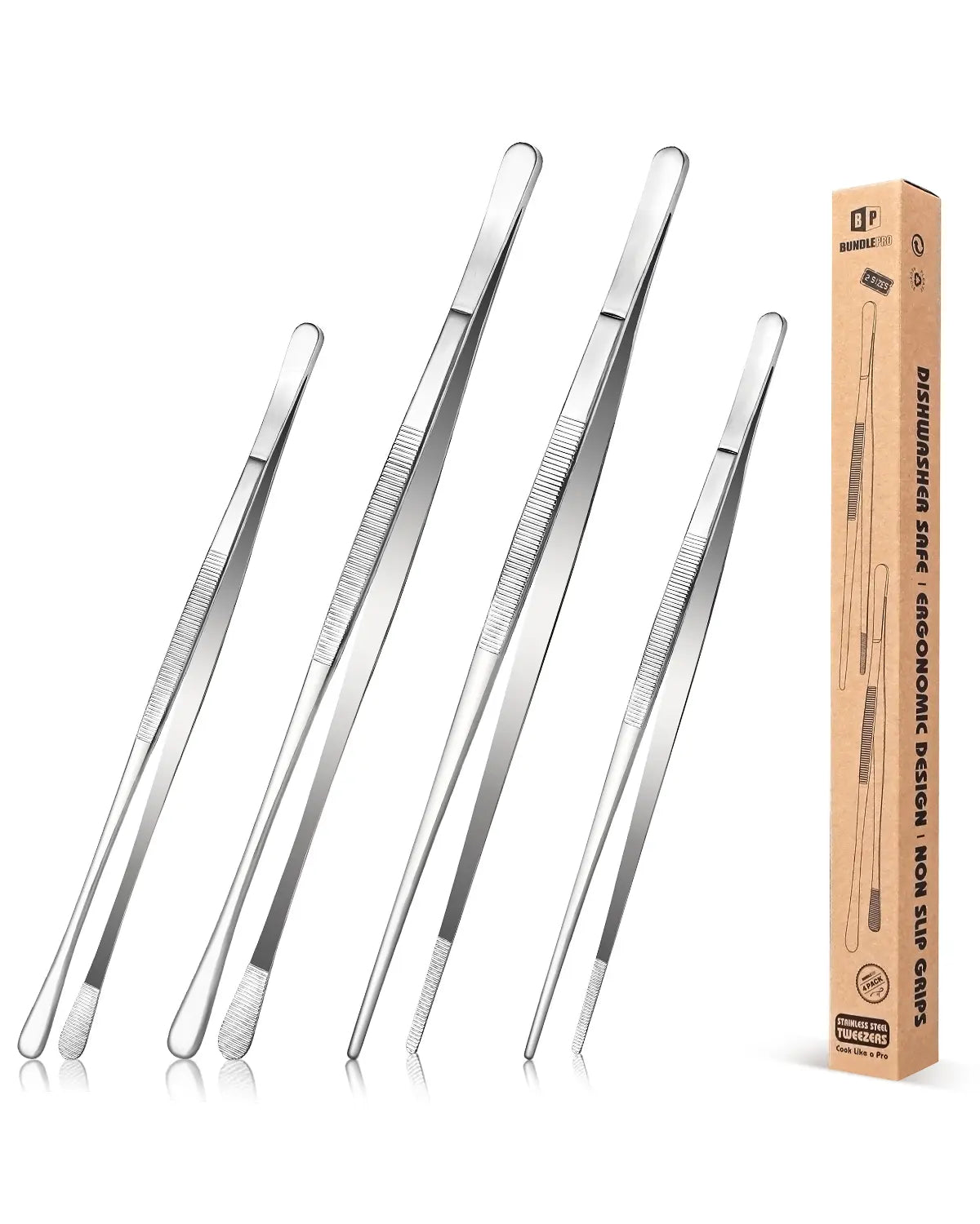 4-Piece Long Tweezer Tongs Set – 12" & 10" Black Stainless Steel Professional Tongs for Kitchen, Cooking, Seafood & BBQ