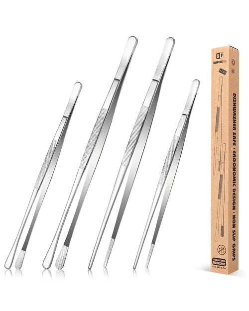 4-Piece Long Tweezer Tongs Set – 12" & 10" Black Stainless Steel Professional Tongs for Kitchen, Cooking, Seafood & BBQ