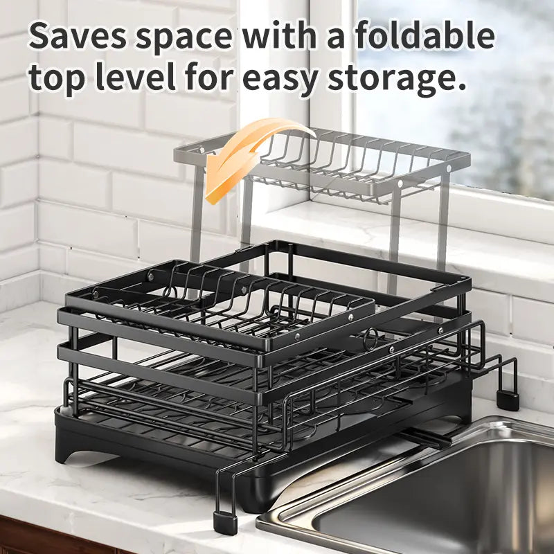2-Tier Pull-Out Dish Drying Rack – Foldable Over-Sink Carbon Steel Kitchen Organizer with Utensil Holder & Drain Tray