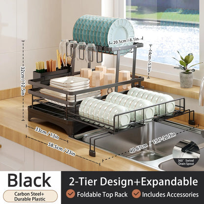 2-Tier Pull-Out Dish Drying Rack – Foldable Over-Sink Carbon Steel Kitchen Organizer with Utensil Holder & Drain Tray