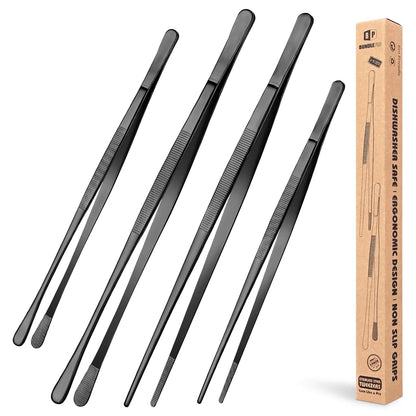 4-Piece Long Tweezer Tongs Set – 12" & 10" Black Stainless Steel Professional Tongs for Kitchen, Cooking, Seafood & BBQ