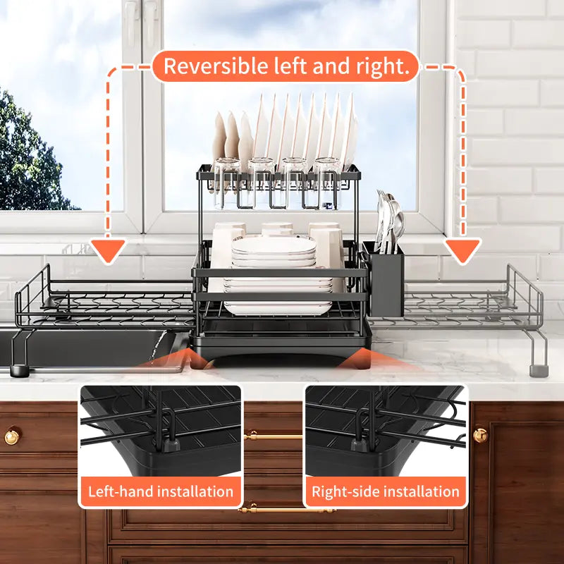 2-Tier Pull-Out Dish Drying Rack – Foldable Over-Sink Carbon Steel Kitchen Organizer with Utensil Holder & Drain Tray