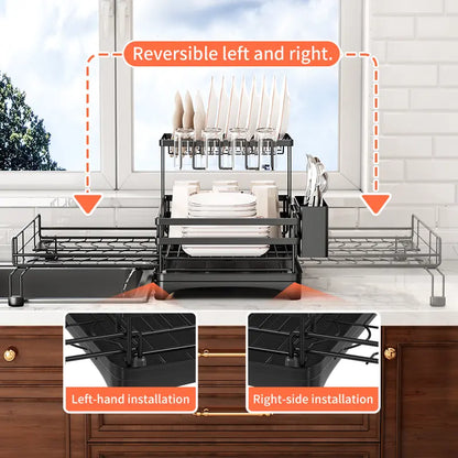 2-Tier Pull-Out Dish Drying Rack – Foldable Over-Sink Carbon Steel Kitchen Organizer with Utensil Holder & Drain Tray