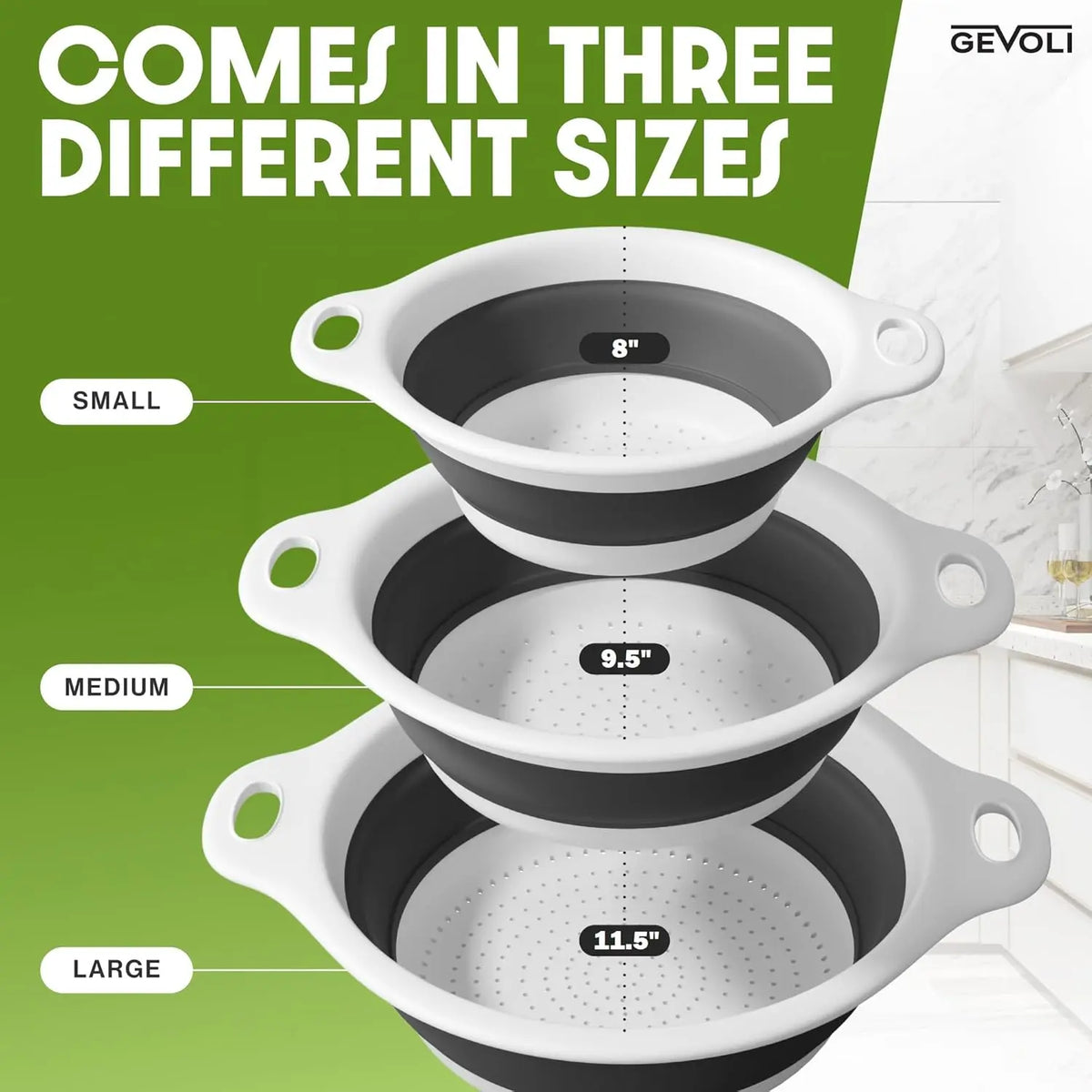 3-Pack Collapsible Colander Set - Over-Sink Draining Base (3 Sizes)