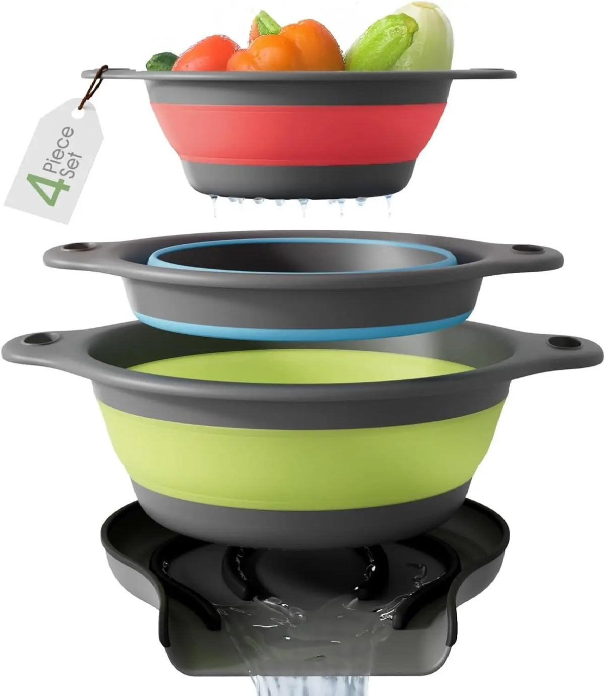 3-Pack Collapsible Colander Set - Over-Sink Draining Base (3 Sizes)