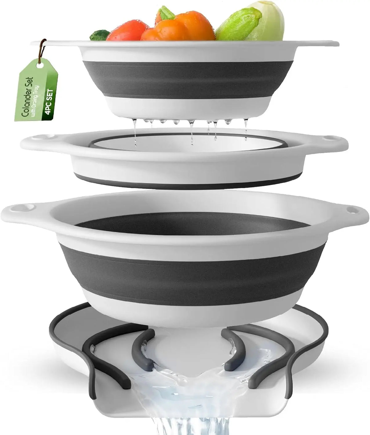 3-Pack Collapsible Colander Set - Over-Sink Draining Base (3 Sizes)