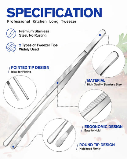 4-Piece Long Tweezer Tongs Set – 12" & 10" Black Stainless Steel Professional Tongs for Kitchen, Cooking, Seafood & BBQ