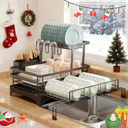 2-Tier Pull-Out Dish Drying Rack – Foldable Over-Sink Carbon Steel Kitchen Organizer with Utensil Holder & Drain Tray